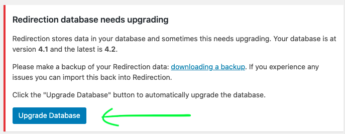 Redirection plugin update message with an arrow to the upgrade button