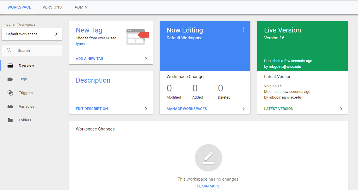 Tag Manager workspace