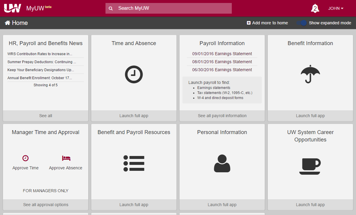 MyUW homepage with maroon banner and search bar across top and a variety of gray tiles linking to UW resources below