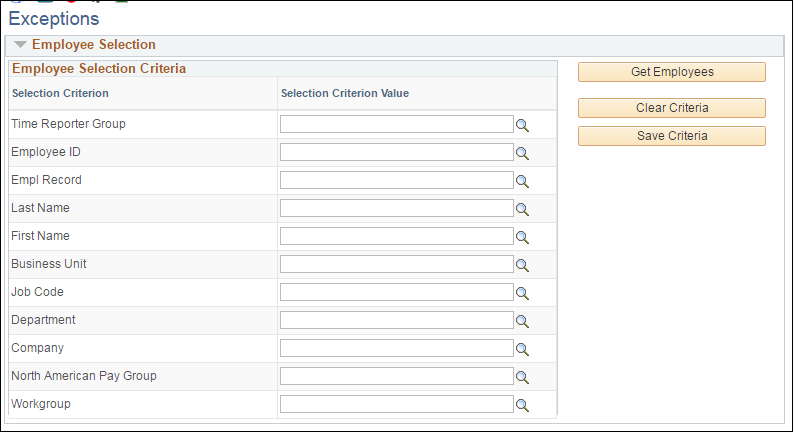 Manage Exceptions Selection Criteria Manage Exceptions Selection Criteria