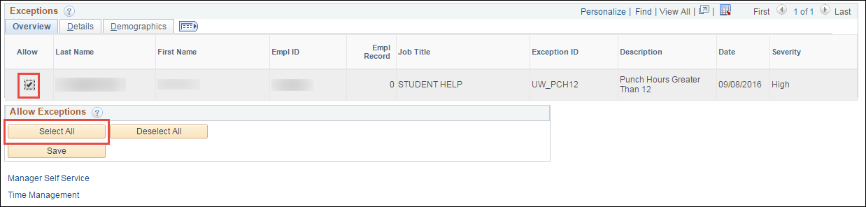 Manage Exceptions Selection Results Manage Exceptions Selection Results