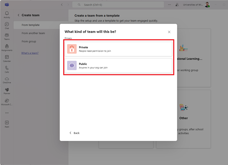 Creating team. Privacy settings.
