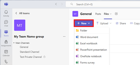 Microsoft Teams - Select "New" to create a new file in Teams File
