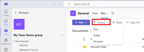 Microsoft Teams - Select "Upload" to begin uploading a file on your computer.