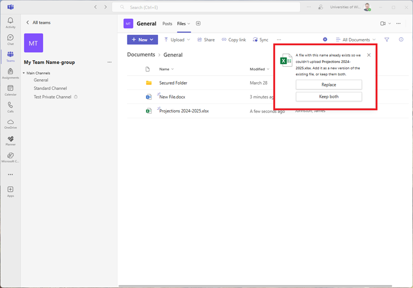 Microsoft Teams - Notice the pop-up message that explains the issues with uploading