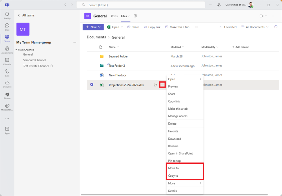 Context menus for moving and copying files