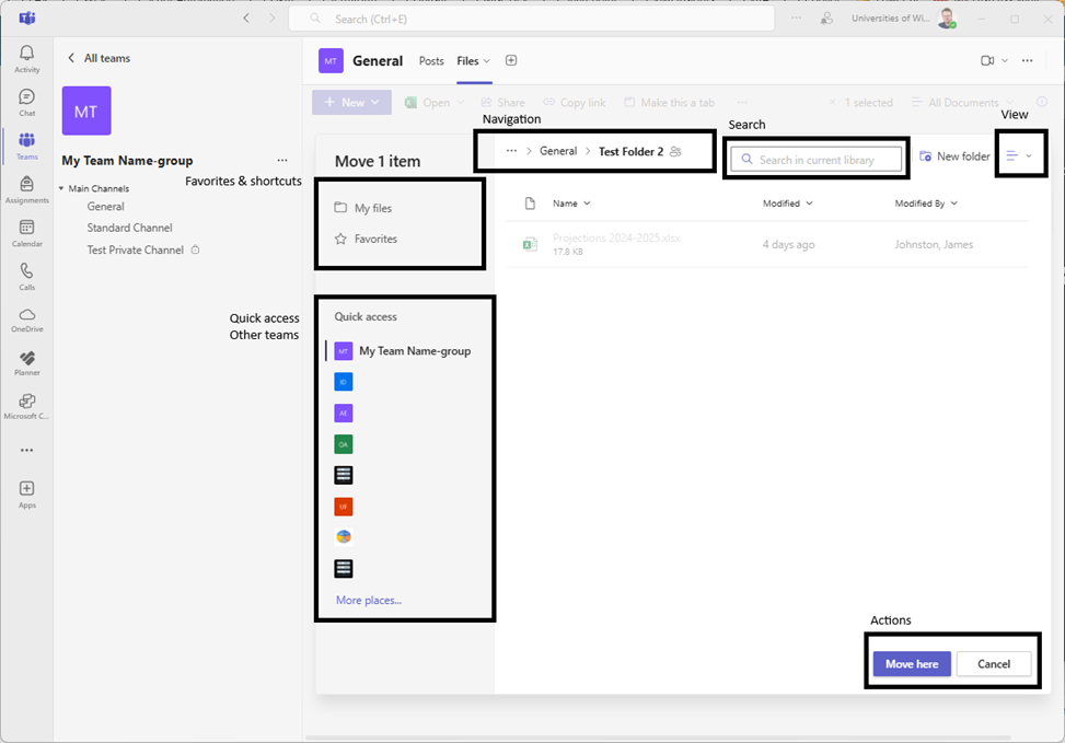 Microsoft Teams - There are different section on the pop-up upload form. This image explains each group.