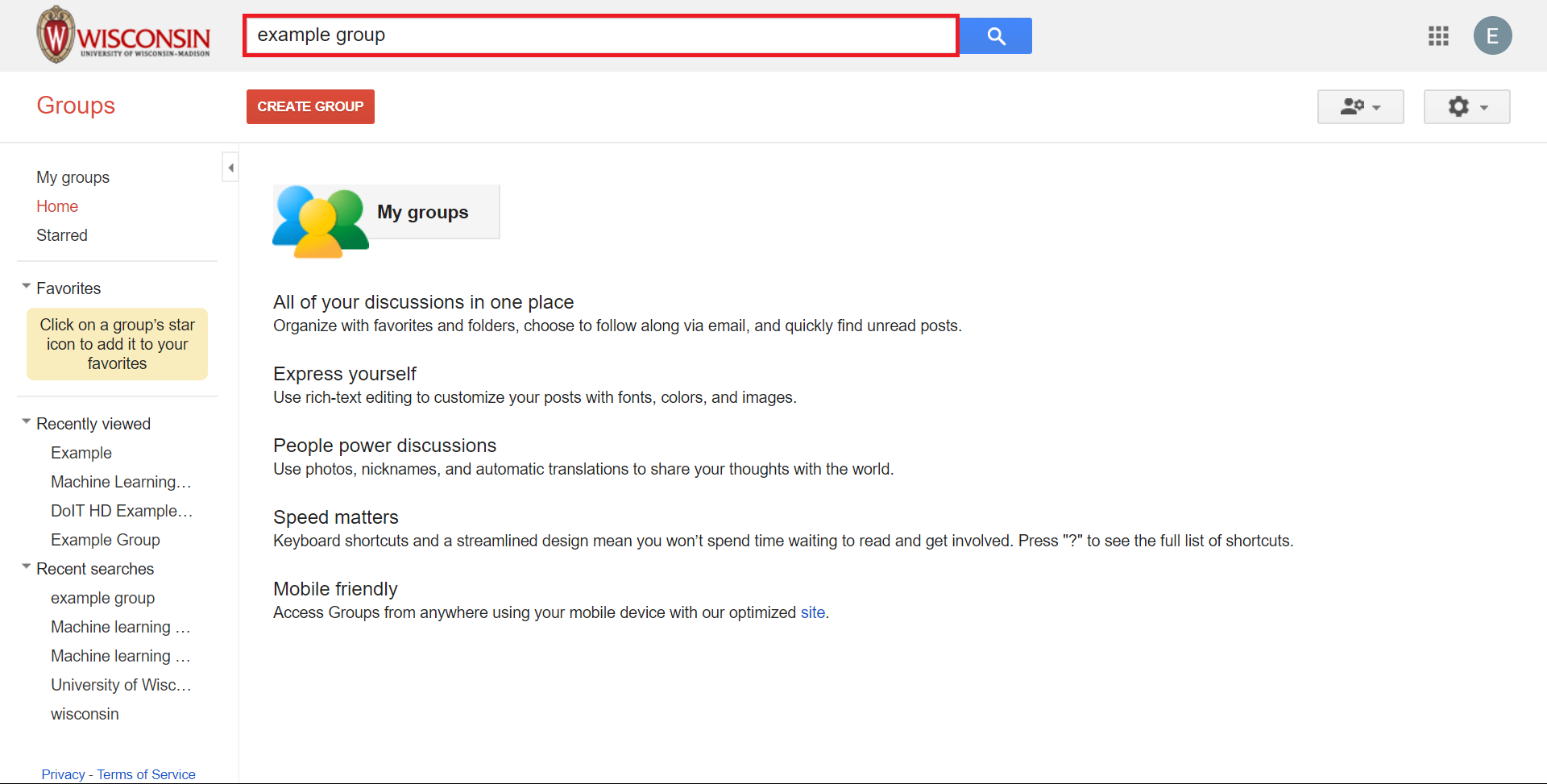 The Google Groups main page