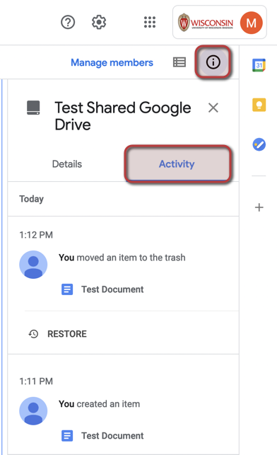 Google Drive Activity Window
