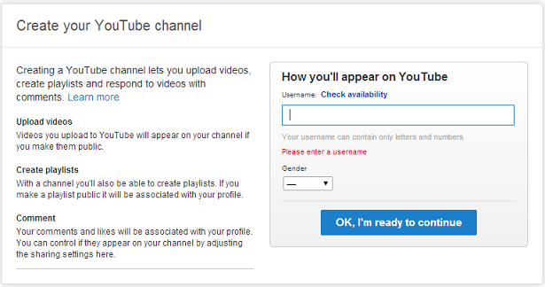 Create your YouTube channel screen