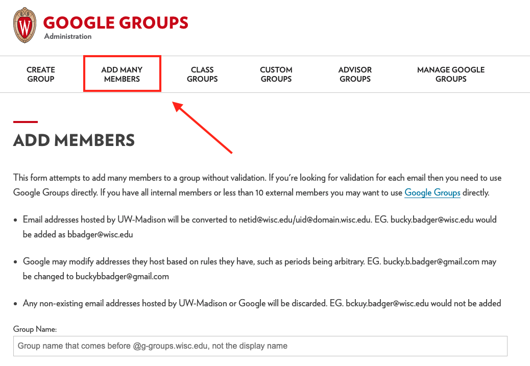 Screenshot demonstrating where Add Many Members button is located on the Google Groups administration page